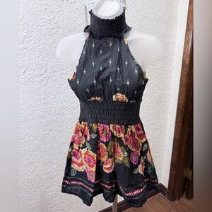 Black Floral Halter top with Smocked Waist